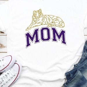 Purple Gold Tigers Mom or DAD  T Shirt, Glitter or Matte Tigers Shirt, Louisiana Saturday Night Game Day Mom Shirt Tank Top XS-4X plus size