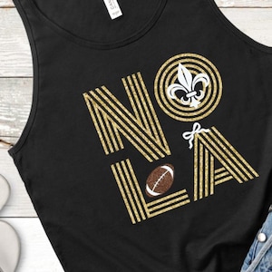 New Orleans Football T Shirt,  Black and Gold NOLA Fan Apparel, Glitter Foil Matte