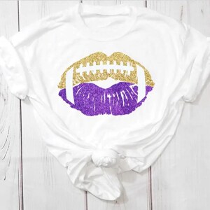 Purple and Gold Football Lips Shirt Tank or Sweatshirt, Louisiana Football Fan Tailgate Apparel, Glitter Foil or Matte