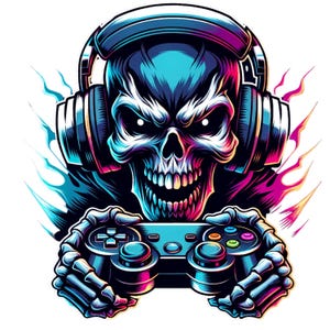 May include: A digital illustration of a skull wearing headphones and holding a video game controller. The skull is rendered in shades of blue, purple, and pink, with glowing white eyes. The controller has colored buttons.