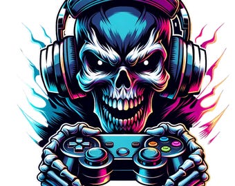Crâne de joueur PNG | Clipart casque gaming Skull | Sublimation de crâne au néon | Art numérique pour chemises et mugs