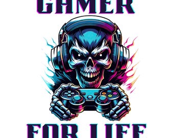 Gamer for Life PNG | Art de joueur de crâne | Fond transparent haute résolution pour sublimation