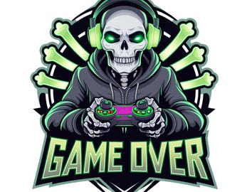 Game Over Gamer Skull PNG | Clipart joueur squelette | Fond transparent haute résolution pour sublimation