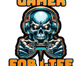 Gamer for Life PNG | Gamer Skull avec casque | Illustration de la manette de jeu néon | Arrière-plan transparent haute résolution