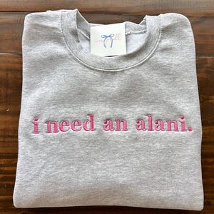 May include: Gray sweatshirt with the text "i need an alani." embroidered in pink.