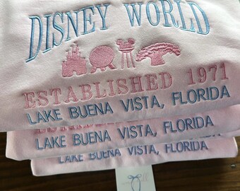 Embroidered Magical Inspired Sweatshirt - Established 1971 - Lake Buena Vista, Florida - pink Gildan sweatshirt