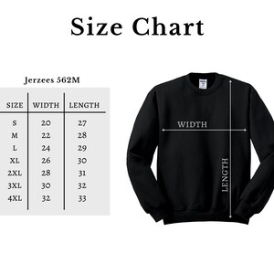 May include: Size chart for Jerzees 562M sweatshirts, showing width and length measurements in inches for sizes S through 4XL.