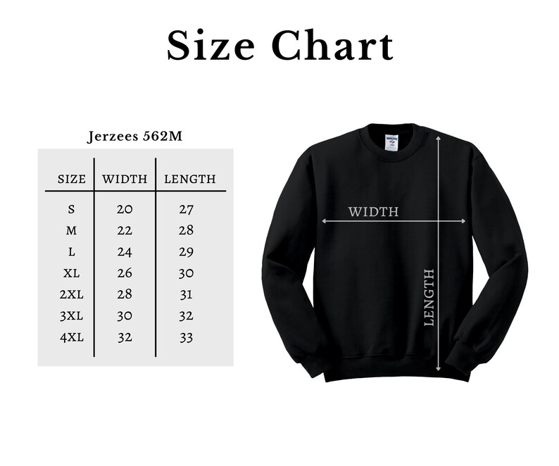 May include: Size chart for Jerzees 562M sweatshirts, showing width and length measurements in inches for sizes S through 4XL.