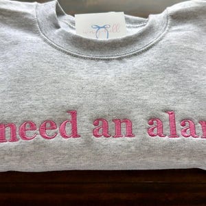 May include: A gray sweatshirt with the phrase "i need an alani." embroidered in pink.