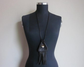 Black Leather fringe pouch animal tooth necklace