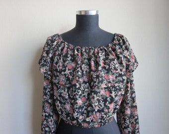 Sheer Black floral ruffle blouse sz. Medium, Large