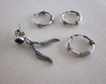 Lot of Sterling Silver Balinese hoops and Native feather and Black Onyx earring