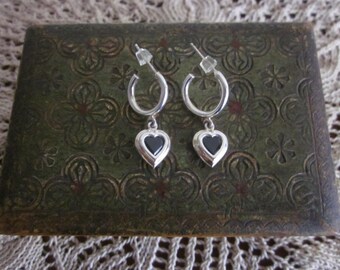 Sterling Silver and Black glass heart hoop earrings