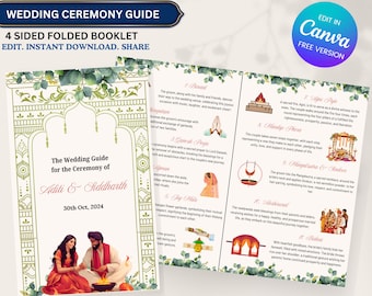May include: A wedding ceremony guide booklet with a green and gold floral design. The booklet includes a list of traditional Indian wedding ceremonies with illustrations and descriptions. The cover features a couple in traditional Indian attire.
