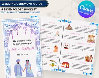 Floral Design, Hindu & Gujarati Wedding Program,Traditional Indian Template, Editable Ceremony Guide, Canva Template, Rituals explained