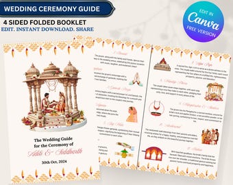 May include: A wedding ceremony guide booklet with illustrations of traditional Indian wedding rituals. The guide includes descriptions of the ceremony steps, such as the "Agni Puja" and "Mangal Sutra". The booklet is decorated with a floral pattern and the text "The Wedding Guide for the Ceremony of Aditi & Siddharth 30th Oct, 2024".