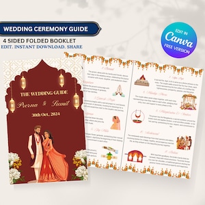 Può includere: Un libretto guida per la cerimonia di matrimonio con un design floreale rosso e bianco. Il libretto include un elenco di tradizioni e rituali di matrimonio, come il "Barat" e il "Jaimala". Il libretto presenta anche una coppia in abiti tradizionali da matrimonio indiani.