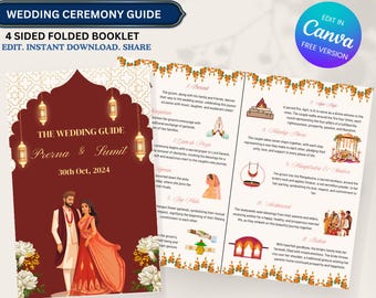 May include: A wedding ceremony guide booklet with a red and white floral design. The booklet includes a list of wedding traditions and rituals, such as the "Barat" and "Jaimala". The booklet also features a couple in traditional Indian wedding attire.