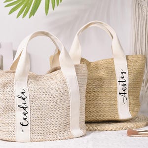 Brautjungfer Geschenke Taschen, kundenspezifische Strand Stroh Taschen, personalisierte Stroh Tasche, Jute Tragetasche, Brautdusche Tasche, Bachelorette, Hochzeits-Gastgeschenke, Frauentasche