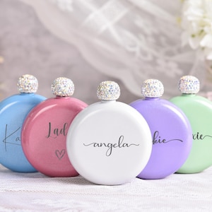 Custom Bridesmaid Proposal Gift, Round Womens Flask Personalized with Name, Shimmery Flask Finish, Gifts for Her, Bachelorette Party Favor