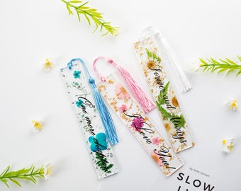 Marcapáginas de resina con flores, marcapáginas de flores prensadas personalizado, marcapáginas florales personalizados, accesorios para libros, regalo para amantes de los libros, regalo de cumpleaños