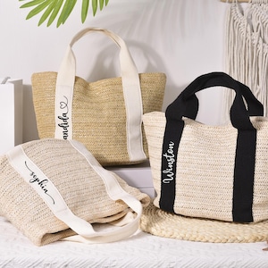 Personalisierte Brautjungfer Strandtasche, kundenspezifische Strohtasche für Junggesellinnenabschied, Mädchen Reisetasche, Name Einkaufstasche, Hochzeitsgeschenktaschen für Brautjungfer