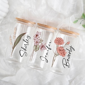 Personalized Birth Flower Glass Tumbler , Custom Birth Flower Gift for Bridesmaid , Bridesmaid Proposal Gift , Birth Flower Wedding Gift