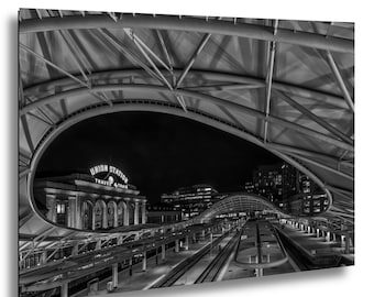 Denver's Union Station at Night in Black and White, Colorado
