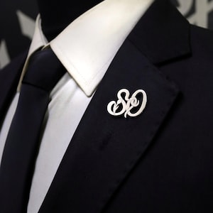 Pin de solapa con letra doble, figura de tulipán en plata 925k / Broche personalizado / Para hombre y mujer