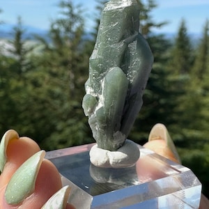 Prase grön kvarts ingår Hedenbergite ~ Huanggangliang, Inre Mongoliet, Kina ~ Miniatyrmineralexemplar ~ aka 'Prasem' ~ 8g