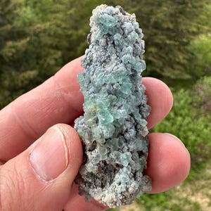 May include: A mineral specimen featuring a cluster of small, translucent, light green crystals attached to a dark, textured, rocky matrix. The crystalline structure is irregular and dense, covering the majority of the surface of the stone.