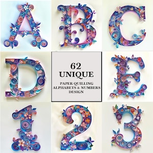 Alfabeto con quilling di carta, clipart di numeri, lettere dalla A alla Z, 0-9, PNG di arte con quilling, download digitale, immagini ad alta risoluzione