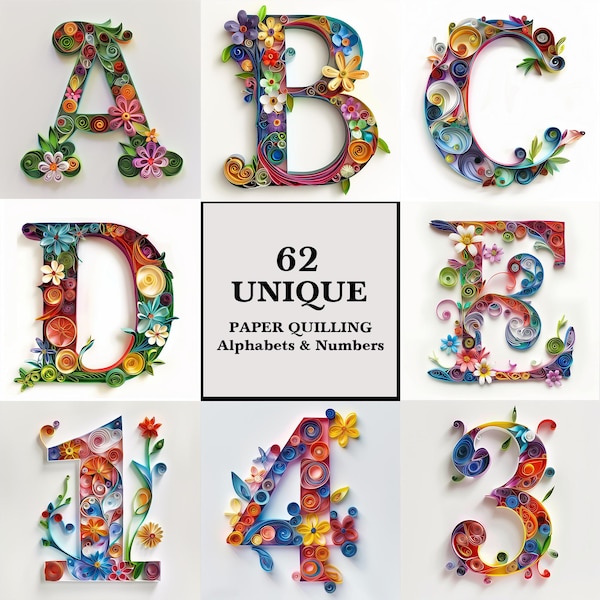 Clipart alphabet et nombres piquants : images de quilling papier (téléchargement numérique)
