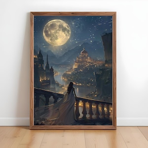 May include: A woman in a white gown stands on a balcony overlooking a city lit by twinkling lights. A large, full moon hangs in the night sky above a distant mountain range.