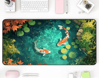 Koi Fish Desk Mat: Japanese Water Garden Mouse Pad, Nature Lover Gift