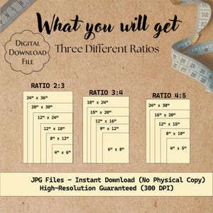 Puede incluir: Gr&aacute;fico de descarga digital con el texto "Lo que obtendr&aacute;s" y "Tres proporciones diferentes". La imagen muestra varios tama&ntilde;os de impresi&oacute;n en proporciones 2:3, 3:4 y 4:5, incluyendo 61 cm x 91 cm, 51 cm x 76 cm y 46 cm x 61 cm.