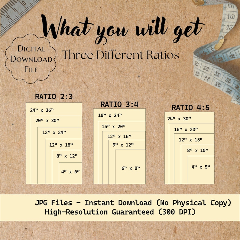 Puede incluir: Gr&aacute;fico de descarga digital con el texto "Lo que obtendr&aacute;s" y "Tres proporciones diferentes". La imagen muestra varios tama&ntilde;os de impresi&oacute;n en proporciones 2:3, 3:4 y 4:5, incluyendo 61 cm x 91 cm, 51 cm x 76 cm y 46 cm x 61 cm.
