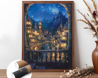Puede incluir: Una impresión artística enmarcada que representa una ciudad de fantasía nocturna. La obra presenta una ilustración detallada de edificios iluminados, un puente y montañas bajo un cielo estrellado. La impresión está en un marco de madera, con un jarrón marrón y flores secas en el fondo.