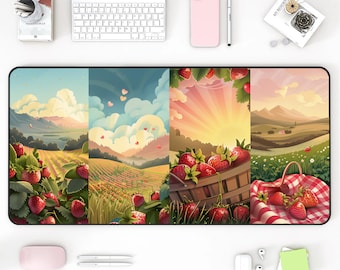 May include: A colorful mousepad with a collage of four different scenes featuring strawberries in baskets and fields. The scenes are set against a backdrop of blue skies, green fields, and a sunset.