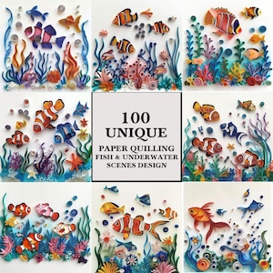 Pesce fatto con la tecnica del quilling, Clipart di scene sottomarine, Arte a tema oceanico, Foto in stile artigianale, Design di vita marina, Illustrazione di artigianato marino