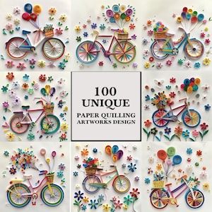 Papier Quilling Clipart: Fahrrad, Luftballons, Bunte Designs, Kreative, Dekorative Elemente