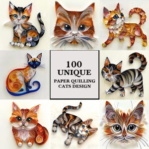 Quilling chats Design clipart, téléchargement numérique JPG, jolies images de chat d'art en papier, illustrations de chat haute résolution pour travaux manuels, décoration