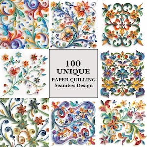 Disegno del modello senza cuciture Quilled, Quilling senza cuciture unico, Carta per diario, Carta stampabile digitale Quilled, 100 disegni di carta Quilled