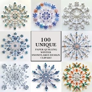 May include: Nine unique paper quilling snowflake designs in various colours, including white, blue, orange, and green. The image also includes text that reads "100 UNIQUE PAPER QUILLING WINTER SNOWFLAKES DESIGN CLIPART."