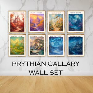 May include: A set of eight framed art prints featuring fantasy landscapes. Each print depicts a different court or city, including "Autumn Court," "Dawn Court," and "Velaris City." The text "PRYTHIAN GALLARY WALL SET" is displayed below the prints.