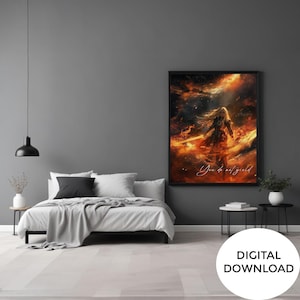 May include: Digital download of a fantasy art print featuring a woman with long blonde hair standing in a fiery sky with the text "You do not yield".