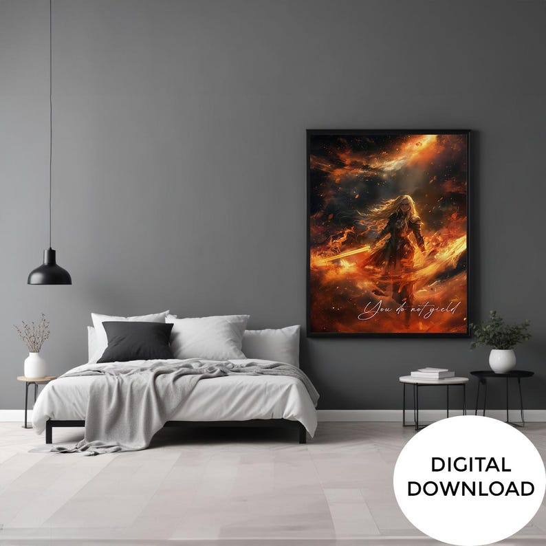 May include: Digital download of a fantasy art print featuring a woman with long blonde hair standing in a fiery sky with the text "You do not yield".