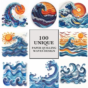Carta Quilled Waves Design, Carta artistica unica per quilling con acqua, Carta per diario, Carta stampabile Quilled Wave, Forniture per onde d'acqua