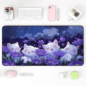 Kawaii Lofi Desk Mat, Cute Cats Mousepad, Purple Desk Mat, Office Decor, Gaming Accessories, Desk Mat Aesthetic