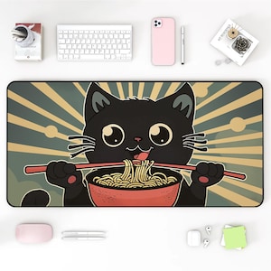 Cute Cat Noodle Desk Mat, Whimsical Office Decor, Kawaii Kitty Mouse Pad, Perfect Gift for Cat Lovers, Desk Mat Aesthetic